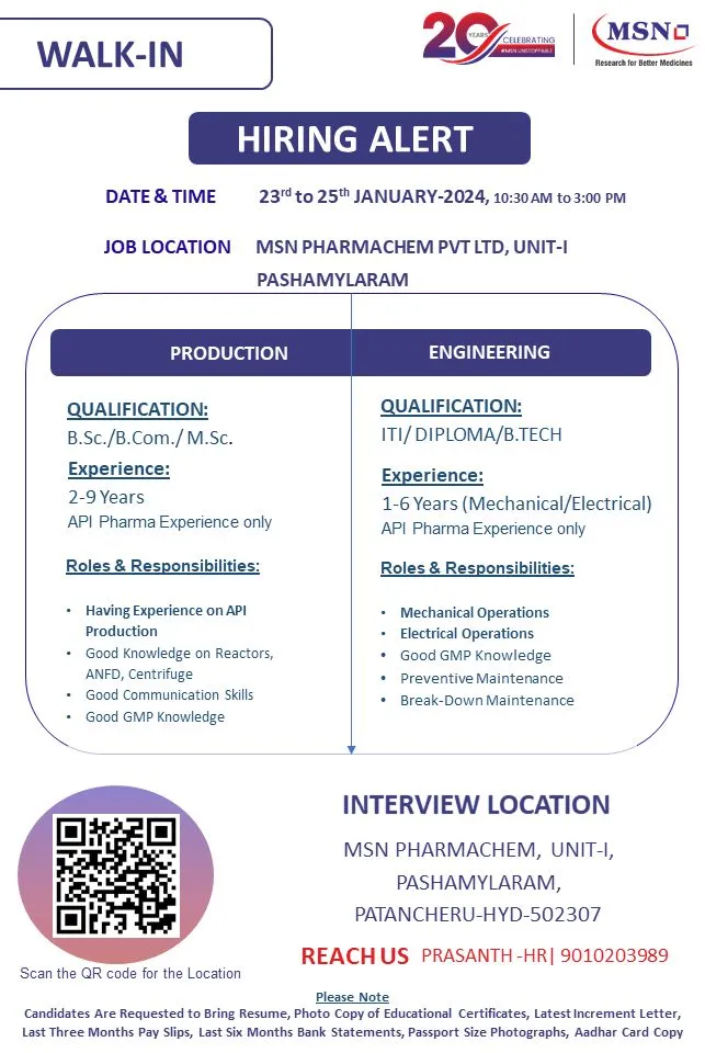 MSN Pharmachem - Walk-In Interviews for B.Sc, M.Sc, B.Tech, B.Com, ITI, Diploma - Production, Engineering on 23rd - 25th Jan 2024